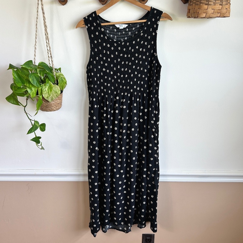 Croft & Barrow Womens Black Floral Smocked Sleeveless Midi Dress Pockets Size M
